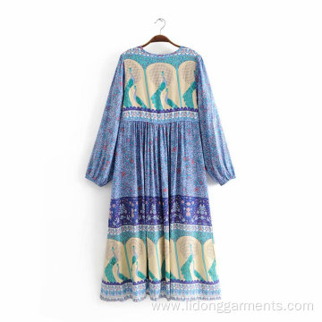 Spring Long Sleeve Loose Plain Printed Mid-Calf Dress